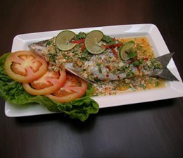 AzuThai Pla Naeng Ma Naw Recipe Steamed Whole Boneless Apahap with lime, fish sauce, garlic, coriander and chili 